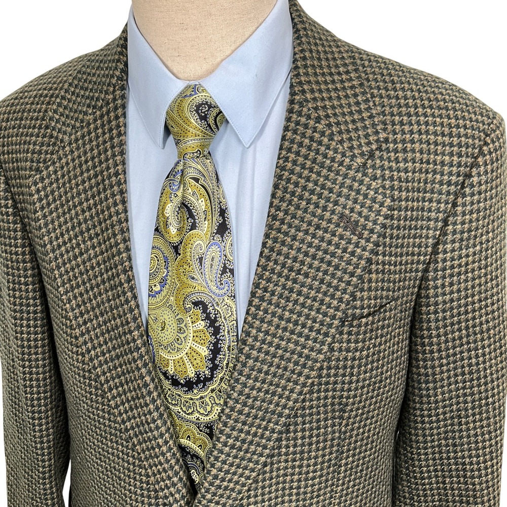 Evan Picone Tailored Blazer Mens 42 Green Tan Houndstooth Wool Sport Jacket VTG